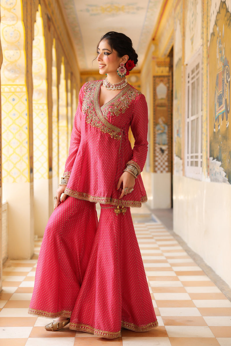 Ahista Pink Printed Angrakha Sharara Set silk chanderi kurta/kurta set by Niti Bothra in pink for women Worldwide
