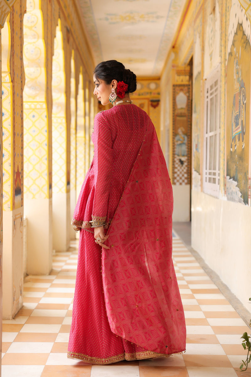Ahista Pink Printed Angrakha Sharara Set silk chanderi kurta/kurta set by Niti Bothra in pink for women Worldwide