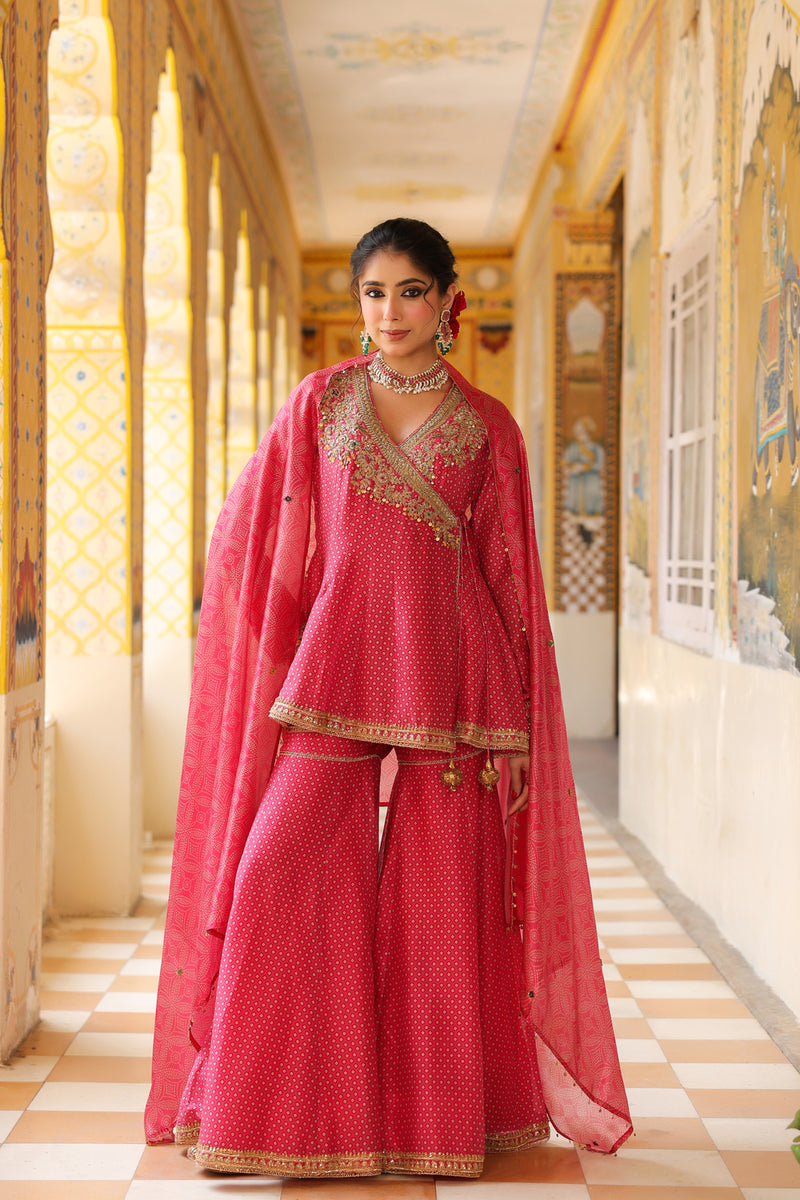 Ahista Pink Printed Angrakha Sharara Set silk chanderi kurta/kurta set by Niti Bothra in pink for women Worldwide
