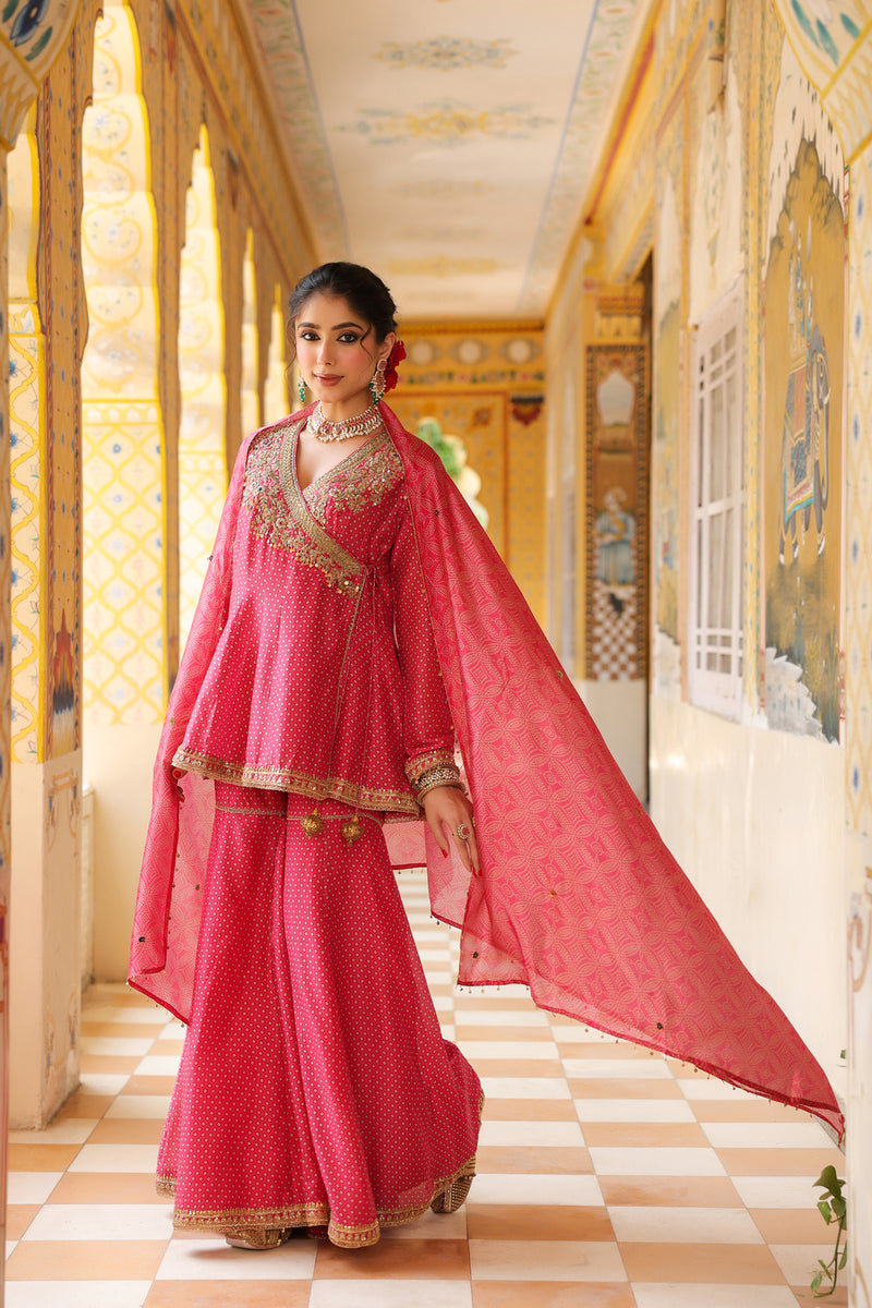 Ahista Pink Printed Angrakha Sharara Set silk chanderi kurta/kurta set by Niti Bothra in pink for women Worldwide