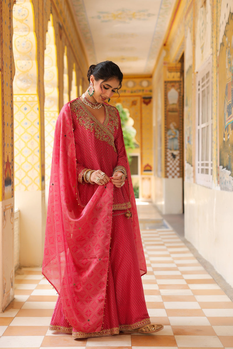 Ahista Pink Printed Angrakha Sharara Set silk chanderi kurta/kurta set by Niti Bothra in pink for women Worldwide