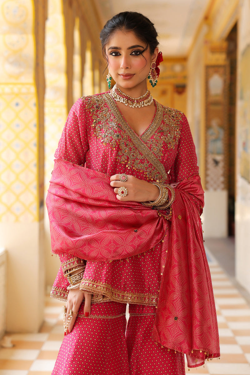 Ahista Pink Printed Angrakha Sharara Set silk chanderi kurta/kurta set by Niti Bothra in pink for women Worldwide