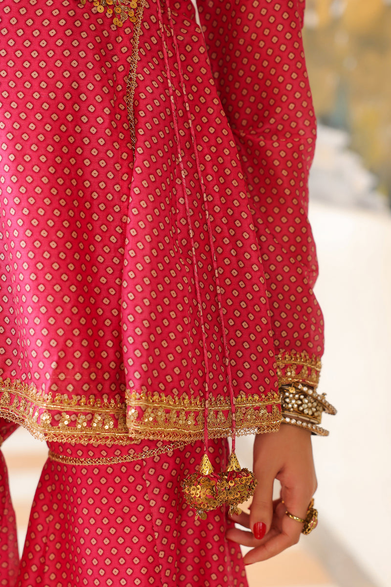 Ahista Pink Printed Angrakha Sharara Set silk chanderi kurta/kurta set by Niti Bothra in pink for women Worldwide