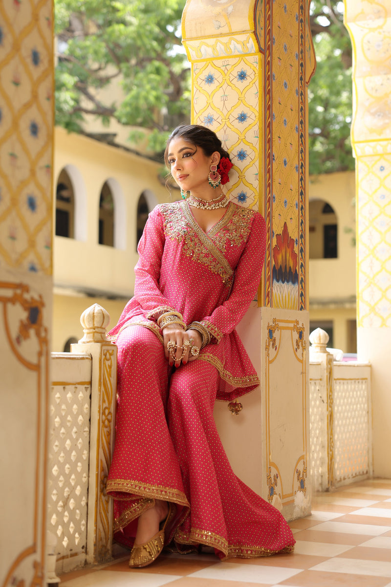 Ahista Pink Printed Angrakha Sharara Set silk chanderi kurta/kurta set by Niti Bothra in pink for women Worldwide