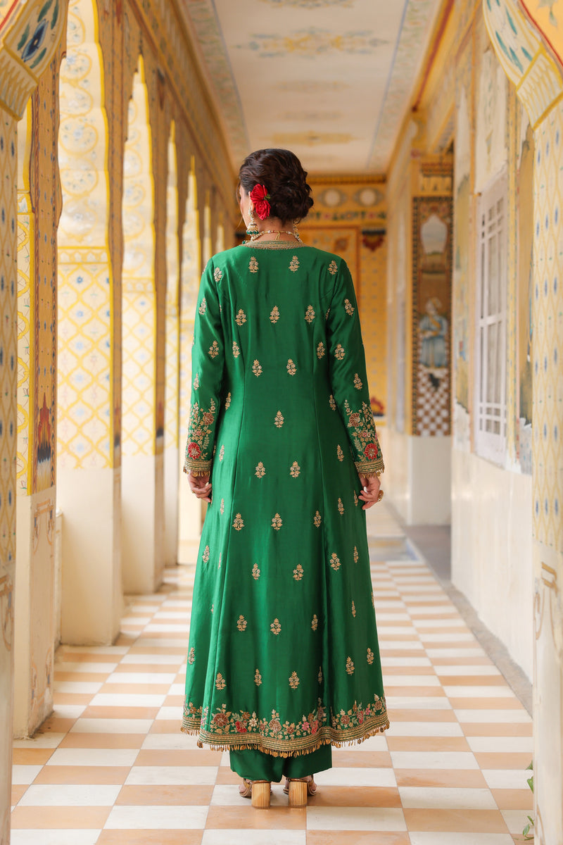 Ahista Green Jacket Anarkali Set silk tencel kurta/kurta set by Niti Bothra in green for women Worldwide