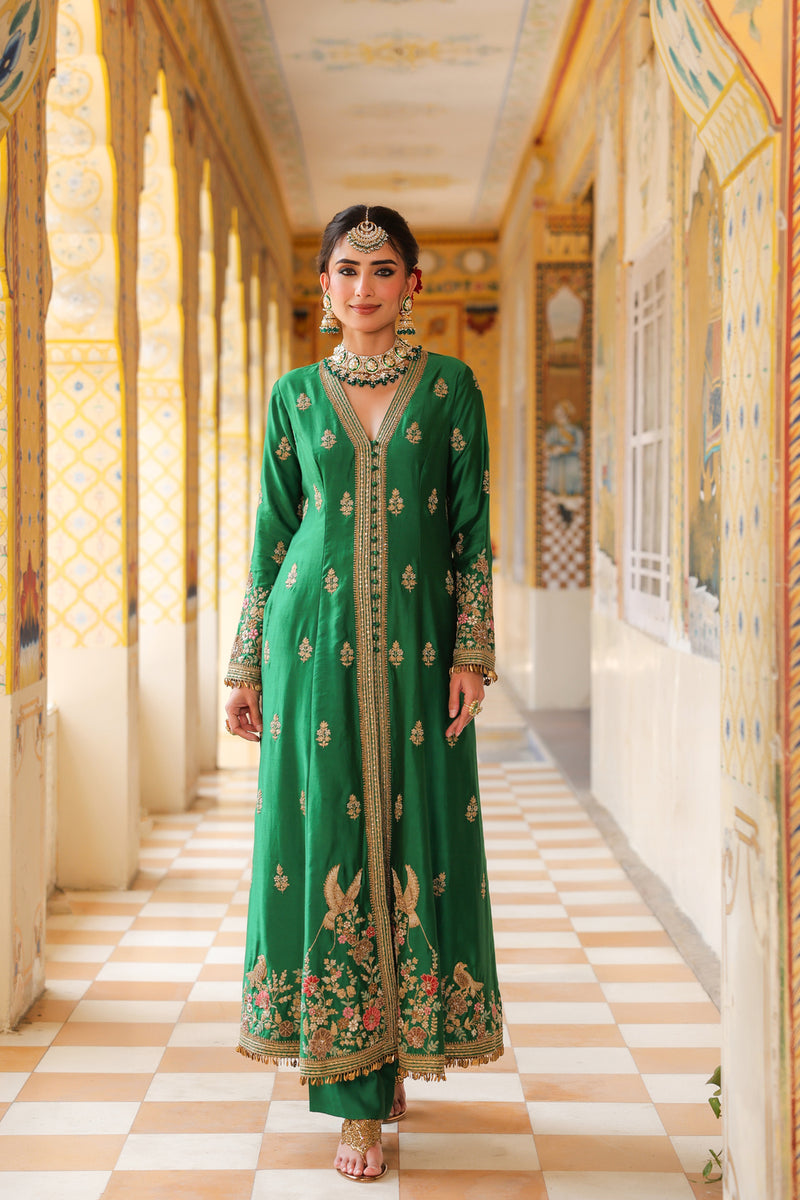 Ahista Green Jacket Anarkali Set silk tencel kurta/kurta set by Niti Bothra in green for women Worldwide