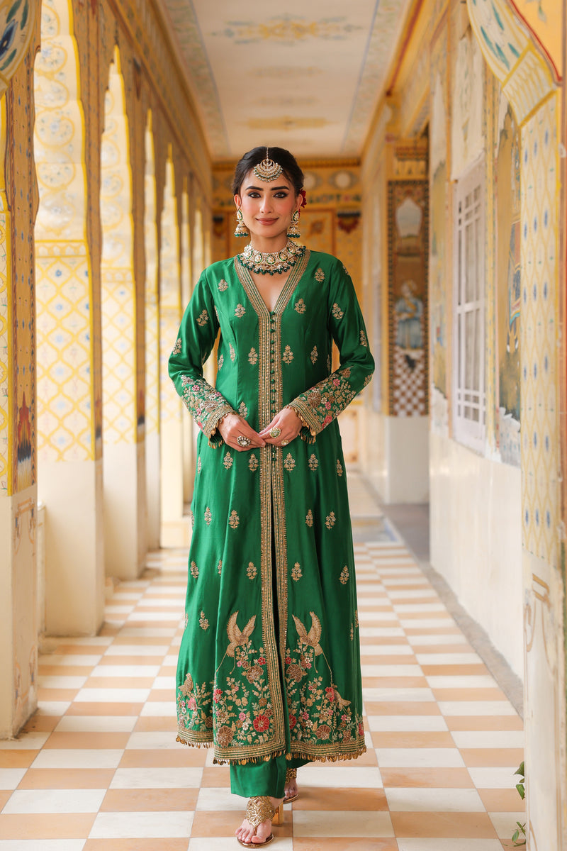 Ahista Green Jacket Anarkali Set silk tencel kurta/kurta set by Niti Bothra in green for women Worldwide