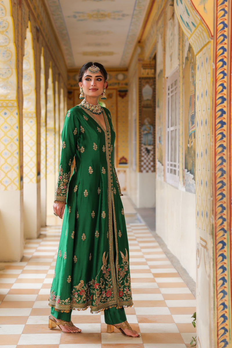 Ahista Green Jacket Anarkali Set silk tencel kurta/kurta set by Niti Bothra in green for women Worldwide