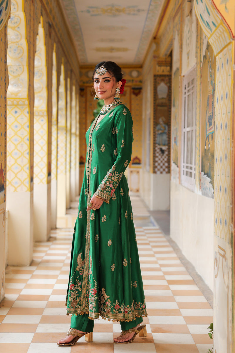 Ahista Green Jacket Anarkali Set silk tencel kurta/kurta set by Niti Bothra in green for women Worldwide