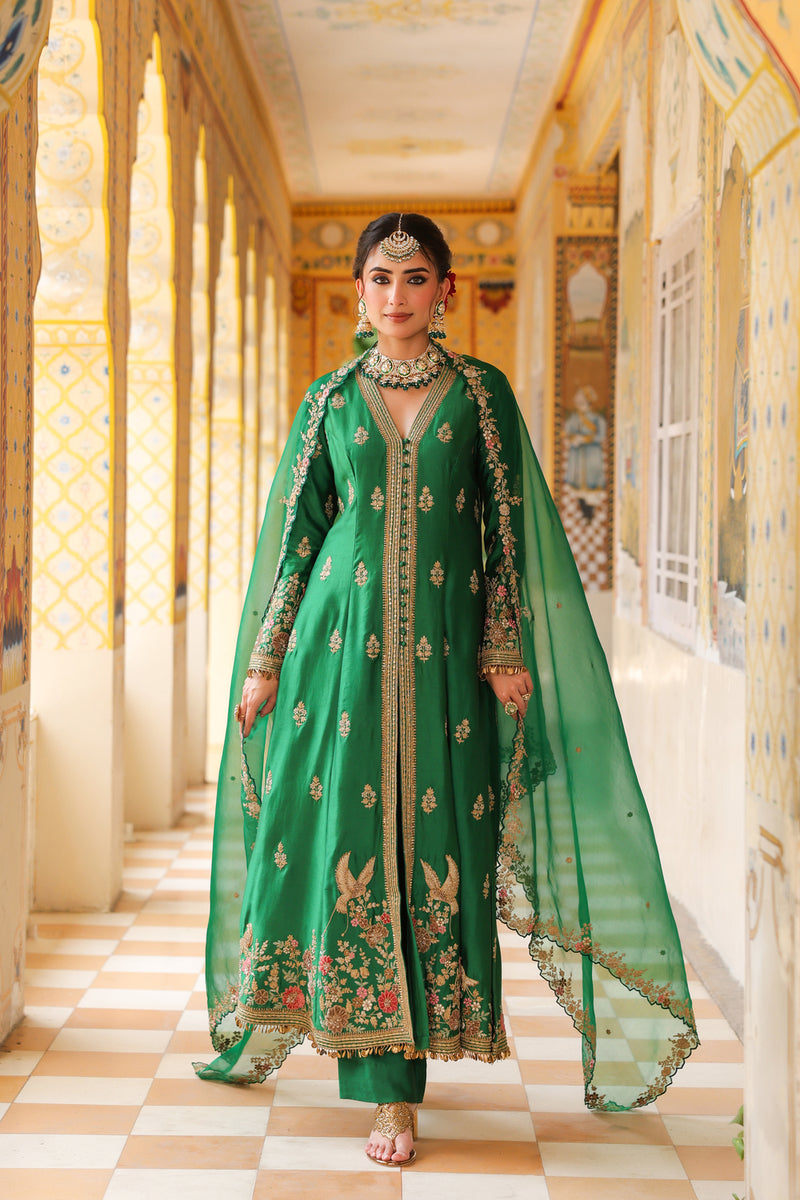 Ahista Green Jacket Anarkali Set silk tencel kurta/kurta set by Niti Bothra in green for women Worldwide