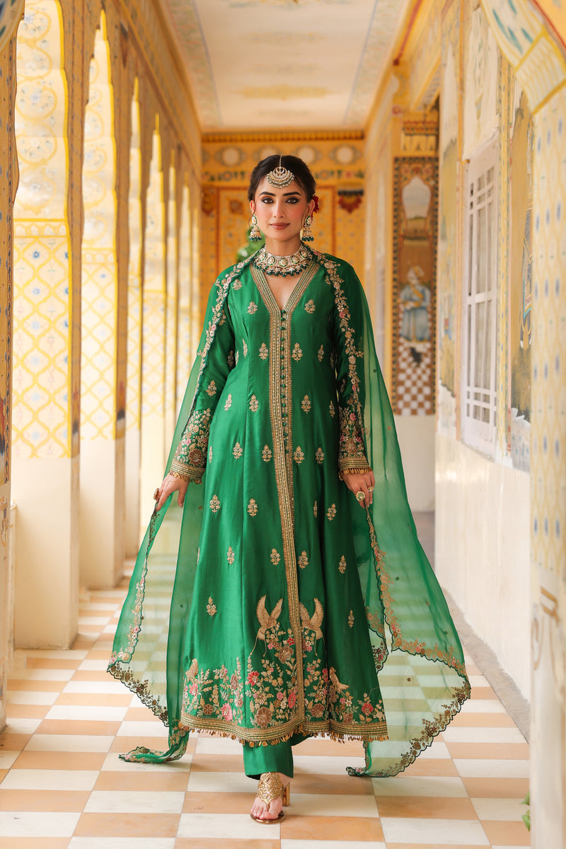 Ahista Green Jacket Anarkali Set silk tencel kurta/kurta set by Niti Bothra in green for women Worldwide
