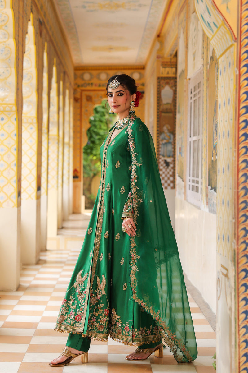 Ahista Green Jacket Anarkali Set silk tencel kurta/kurta set by Niti Bothra in green for women Worldwide