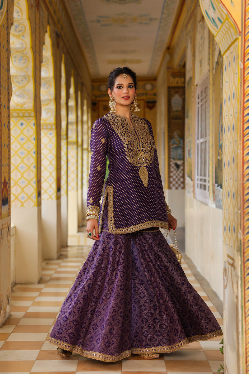 Ahista Purple Printed Sharara Set silk chanderi kurta/kurta set by Niti Bothra in purple for women Worldwide