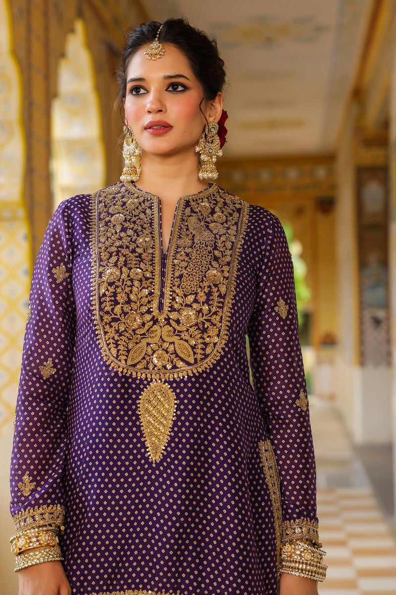 Ahista Purple Printed Sharara Set silk chanderi kurta/kurta set by Niti Bothra in purple for women Worldwide