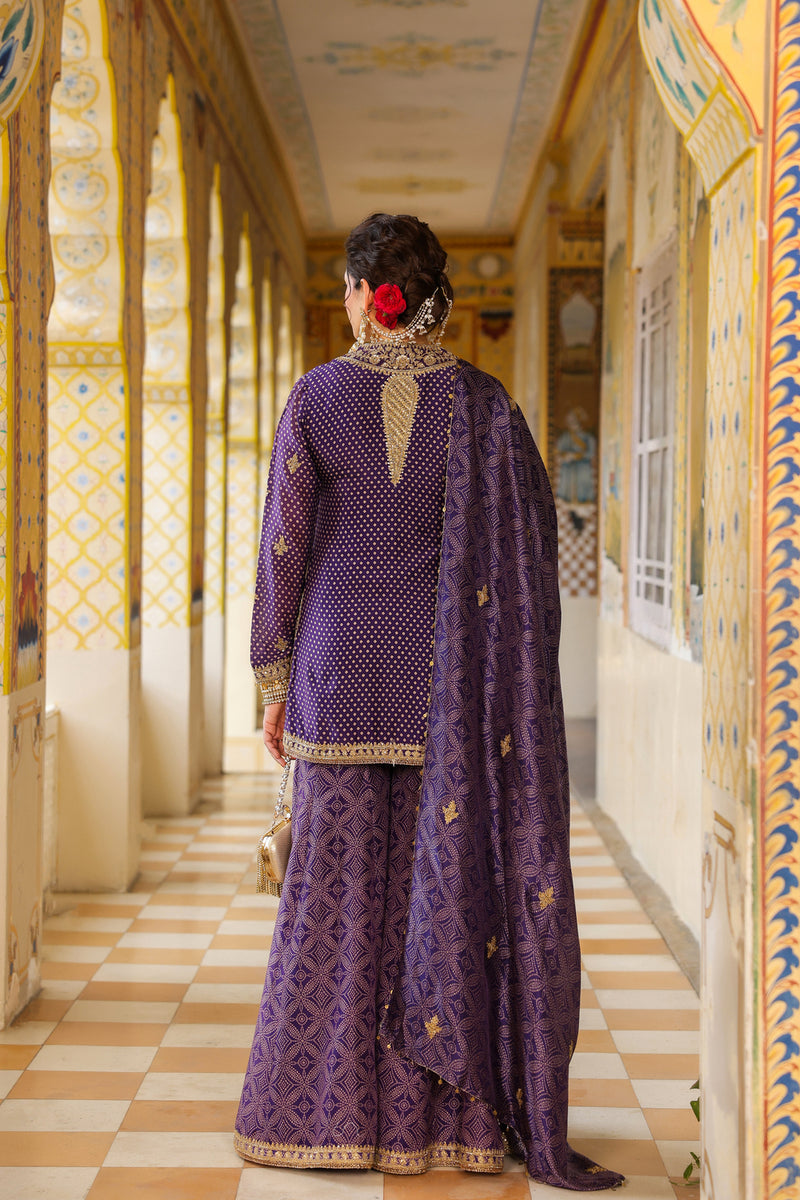 Ahista Purple Printed Sharara Set silk chanderi kurta/kurta set by Niti Bothra in purple for women Worldwide