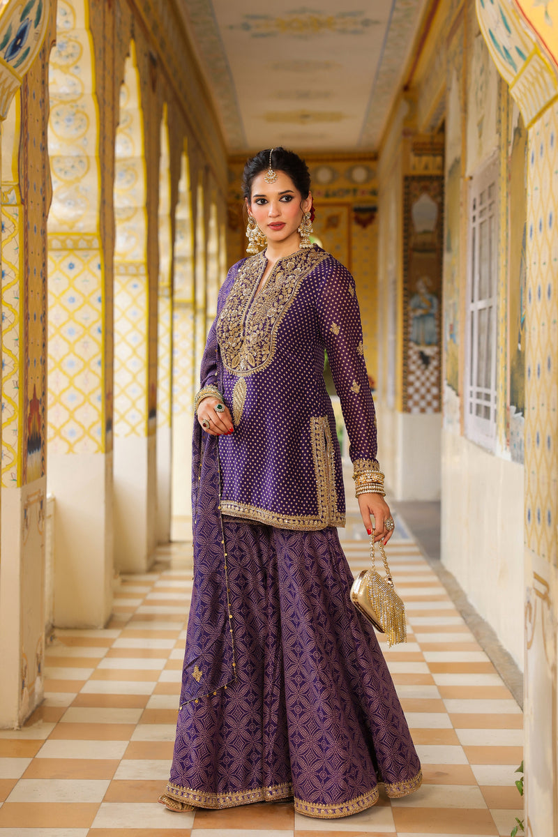 Ahista Purple Printed Sharara Set silk chanderi kurta/kurta set by Niti Bothra in purple for women Worldwide