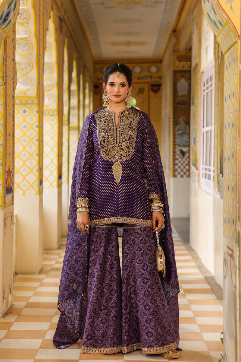 Ahista Purple Printed Sharara Set silk chanderi kurta/kurta set by Niti Bothra in purple for women Worldwide