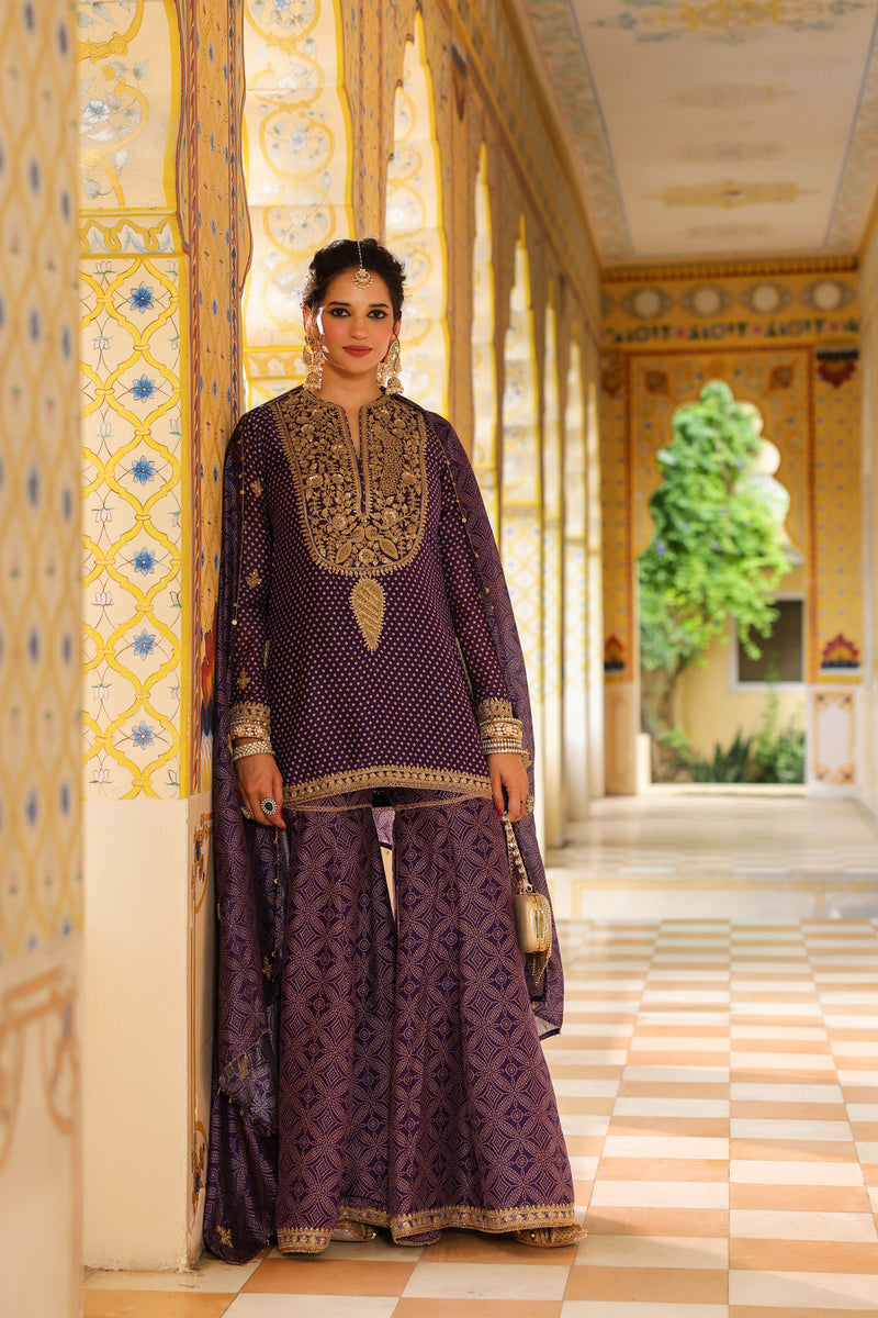 Ahista Purple Printed Sharara Set silk chanderi kurta/kurta set by Niti Bothra in purple for women Worldwide