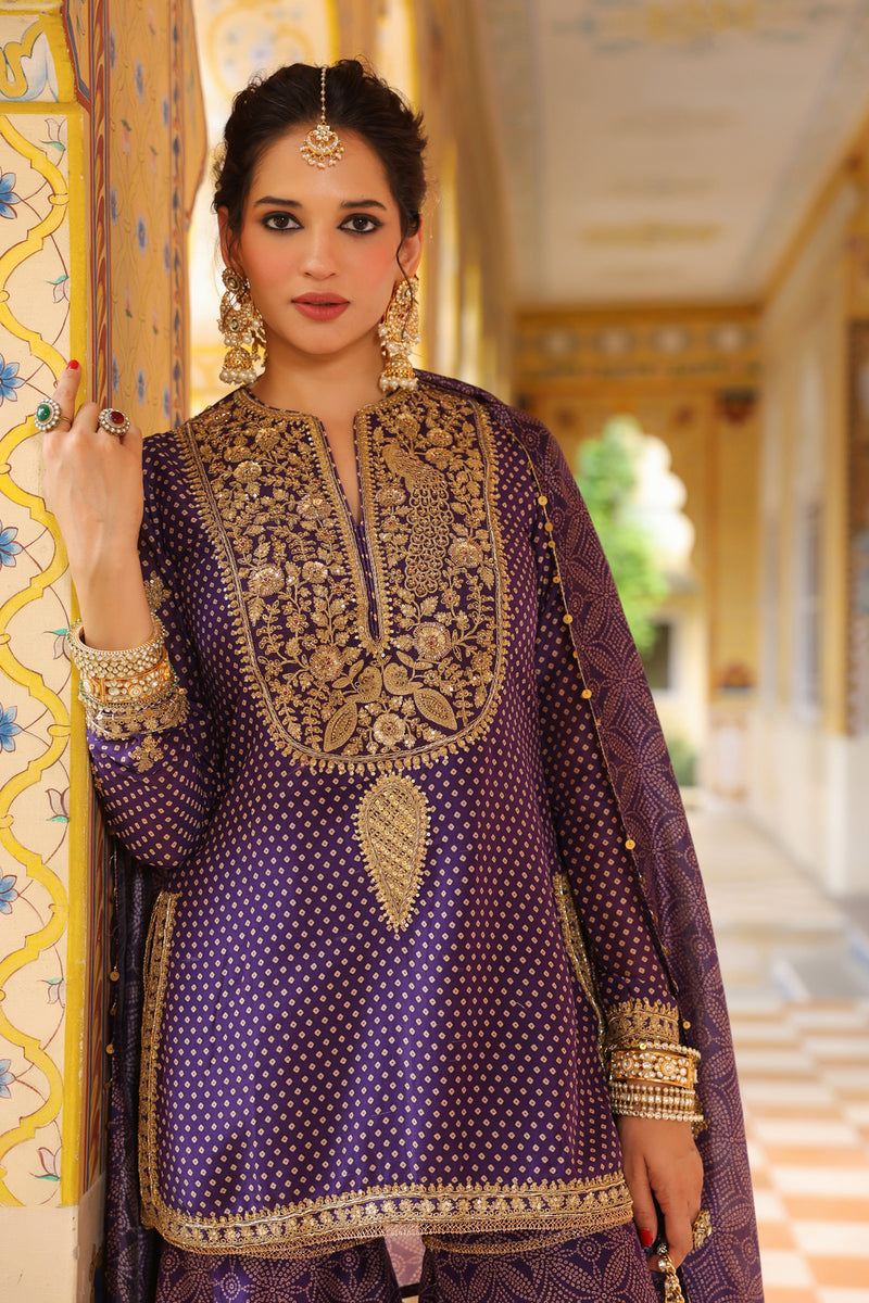 Ahista Purple Printed Sharara Set silk chanderi kurta/kurta set by Niti Bothra in purple for women Worldwide