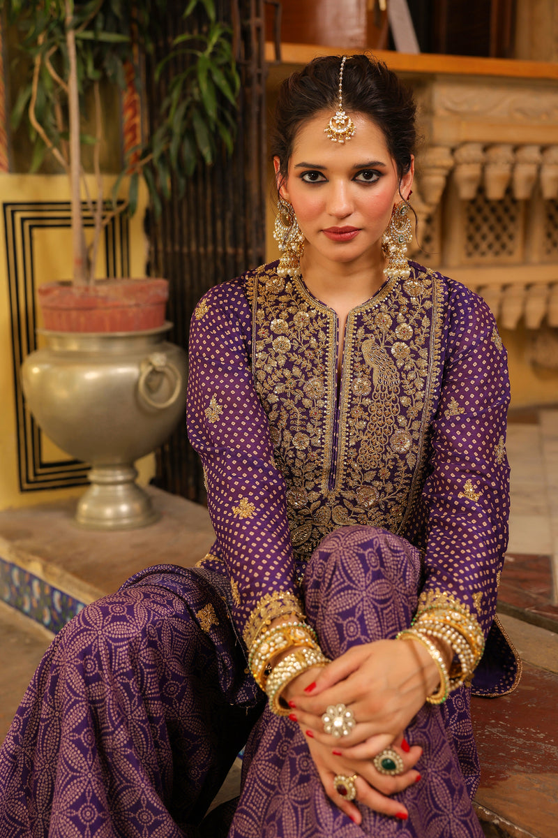 Ahista Purple Printed Sharara Set silk chanderi kurta/kurta set by Niti Bothra in purple for women Worldwide
