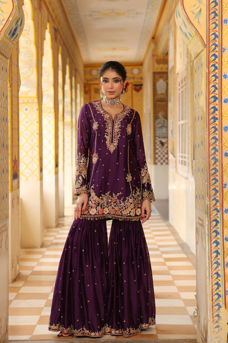 Ahista Purple Mayur Applique Heavy Sharara Set silk chanderi kurta/kurta set by Niti Bothra in purple for women Worldwide