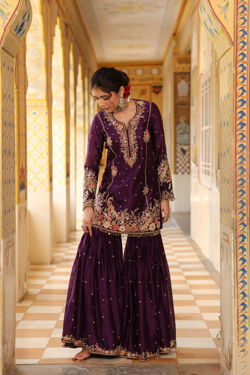 Ahista Purple Mayur Applique Heavy Sharara Set silk chanderi kurta/kurta set by Niti Bothra in purple for women Worldwide