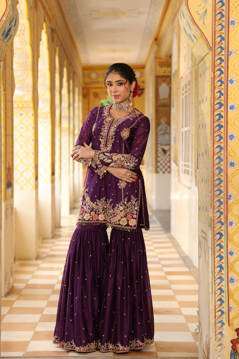 Ahista Purple Mayur Applique Heavy Sharara Set silk chanderi kurta/kurta set by Niti Bothra in purple for women Worldwide