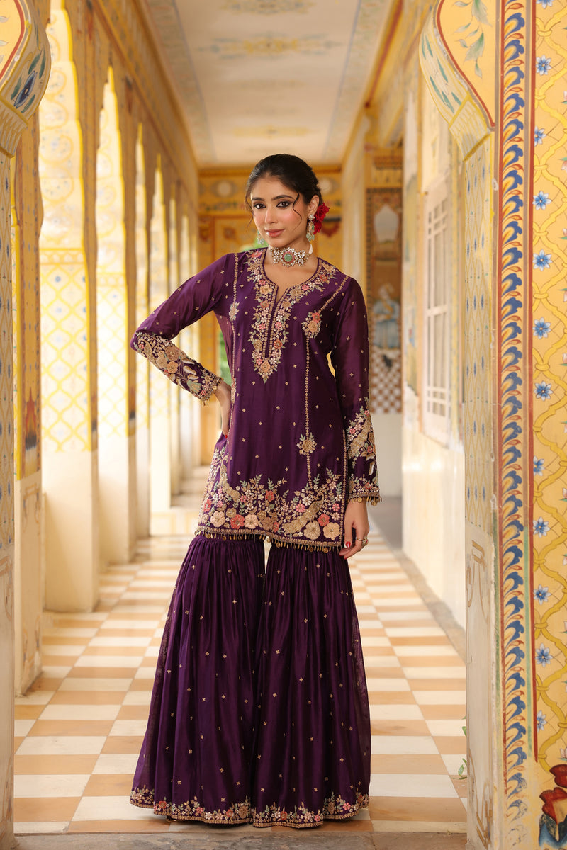 Ahista Purple Mayur Applique Heavy Sharara Set silk chanderi kurta/kurta set by Niti Bothra in purple for women Worldwide