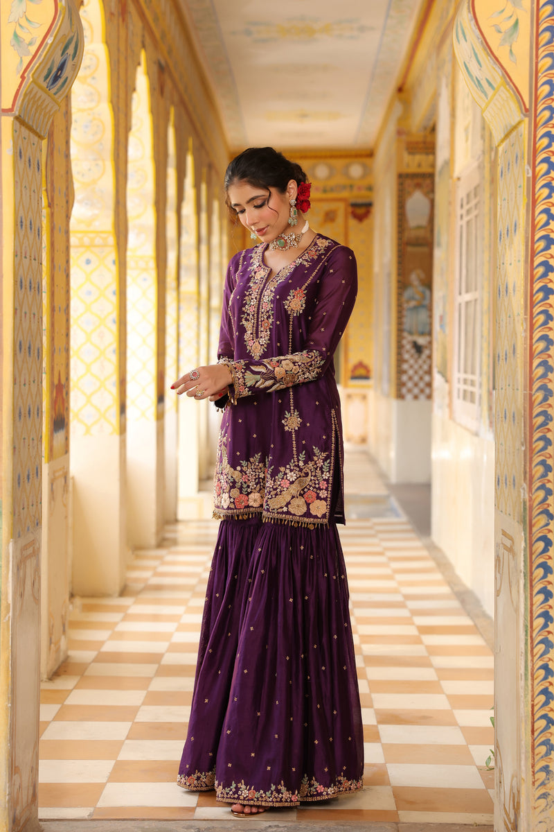 Ahista Purple Mayur Applique Heavy Sharara Set silk chanderi kurta/kurta set by Niti Bothra in purple for women Worldwide