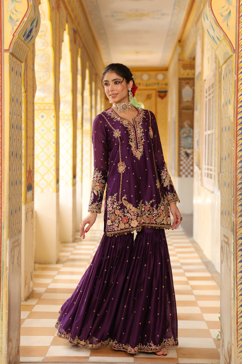Ahista Purple Mayur Applique Heavy Sharara Set silk chanderi kurta/kurta set by Niti Bothra in purple for women Worldwide