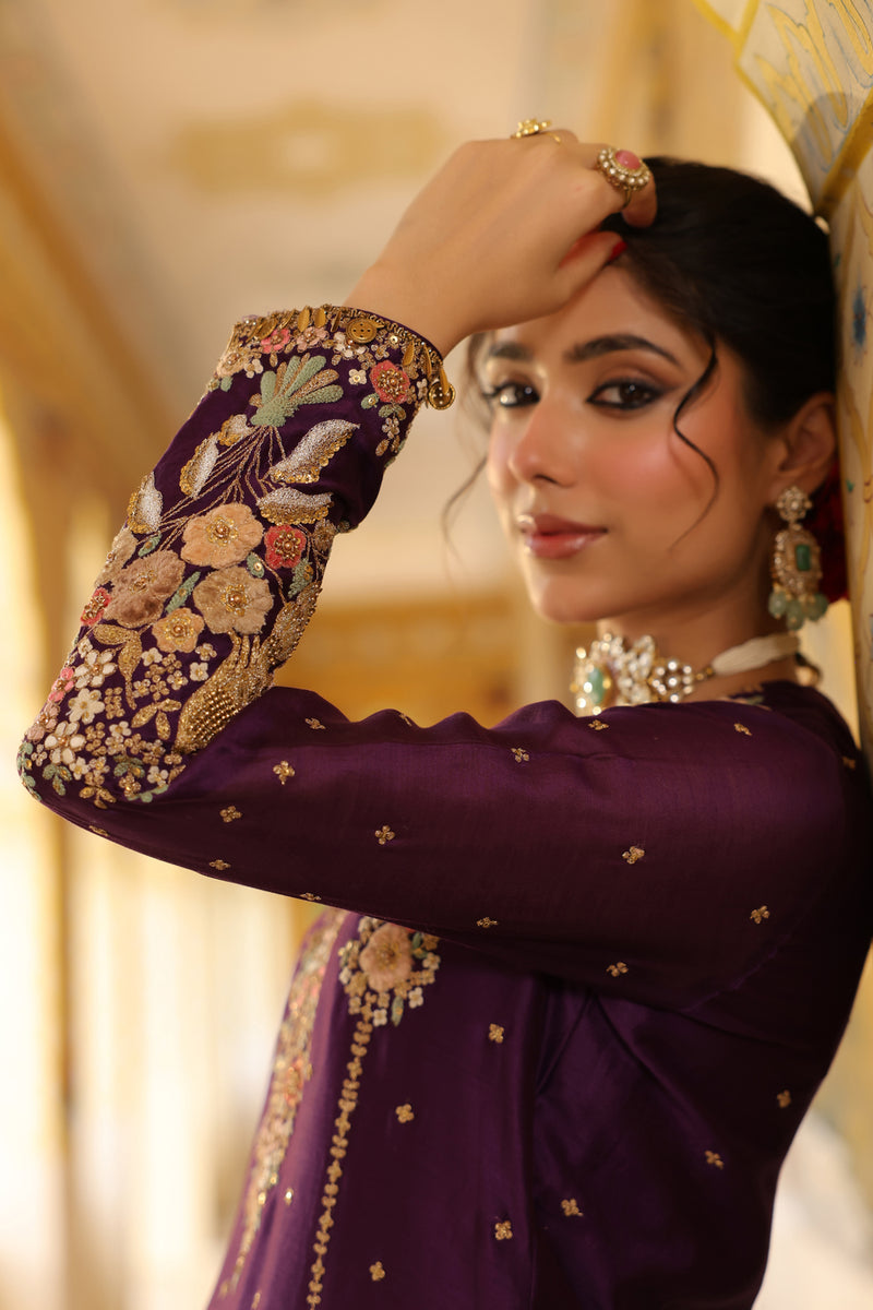 Ahista Purple Mayur Applique Heavy Sharara Set silk chanderi kurta/kurta set by Niti Bothra in purple for women Worldwide