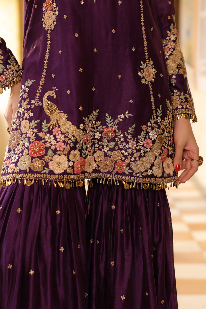 Ahista Purple Mayur Applique Heavy Sharara Set silk chanderi kurta/kurta set by Niti Bothra in purple for women Worldwide