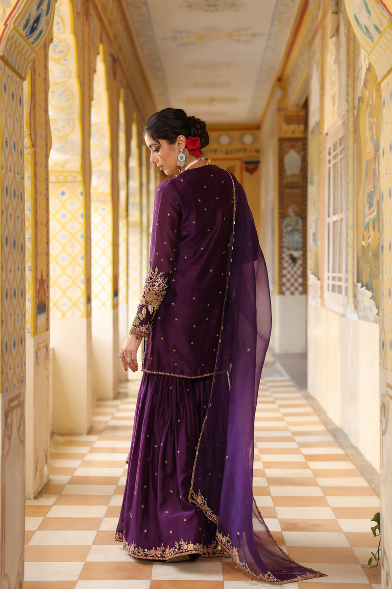 Ahista Purple Mayur Applique Heavy Sharara Set silk chanderi kurta/kurta set by Niti Bothra in purple for women Worldwide