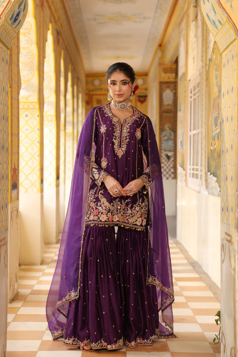 Ahista Purple Mayur Applique Heavy Sharara Set silk chanderi kurta/kurta set by Niti Bothra in purple for women Worldwide