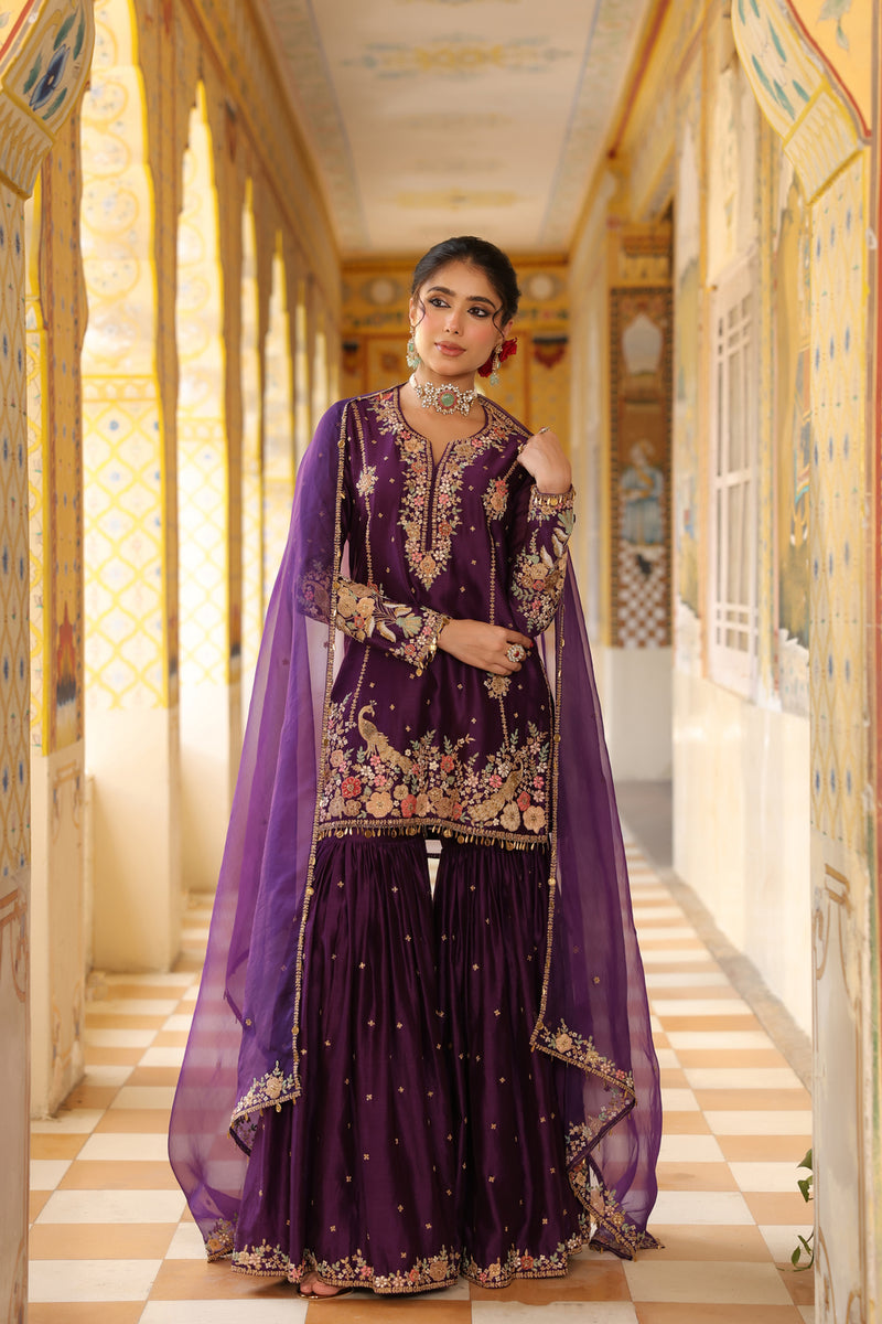 Ahista Purple Mayur Applique Heavy Sharara Set silk chanderi kurta/kurta set by Niti Bothra in purple for women Worldwide