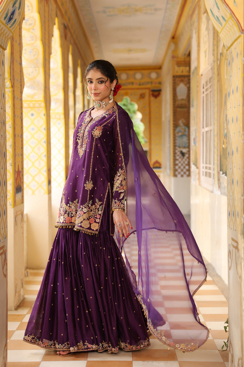 Ahista Purple Mayur Applique Heavy Sharara Set silk chanderi kurta/kurta set by Niti Bothra in purple for women Worldwide