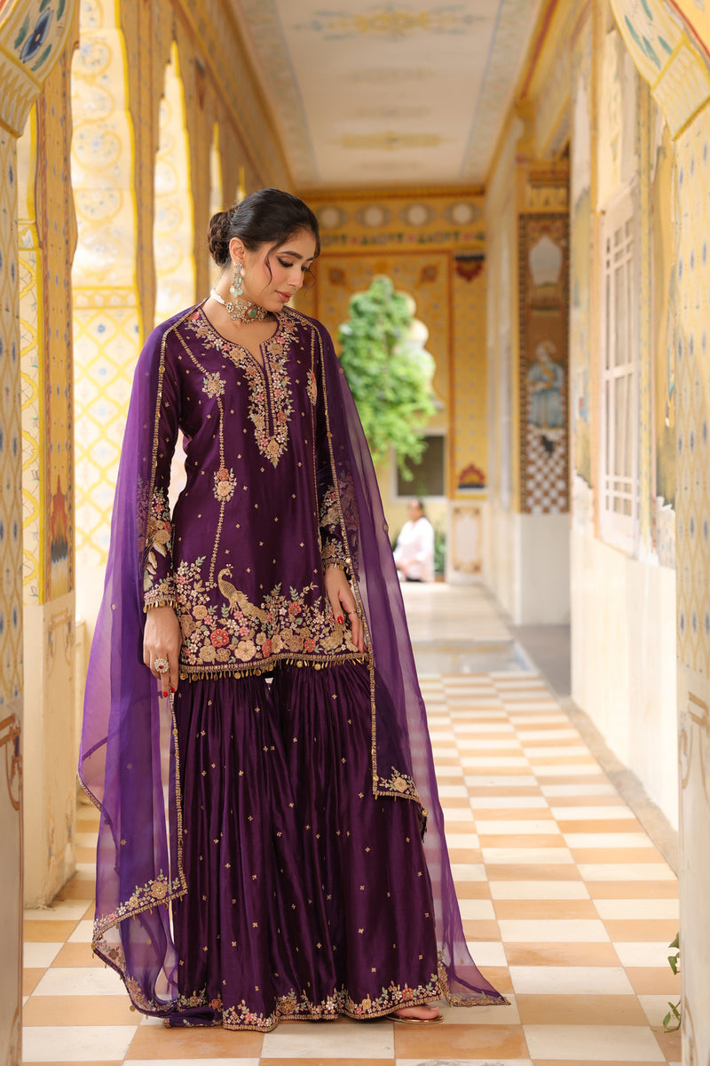 Ahista Purple Mayur Applique Heavy Sharara Set silk chanderi kurta/kurta set by Niti Bothra in purple for women Worldwide