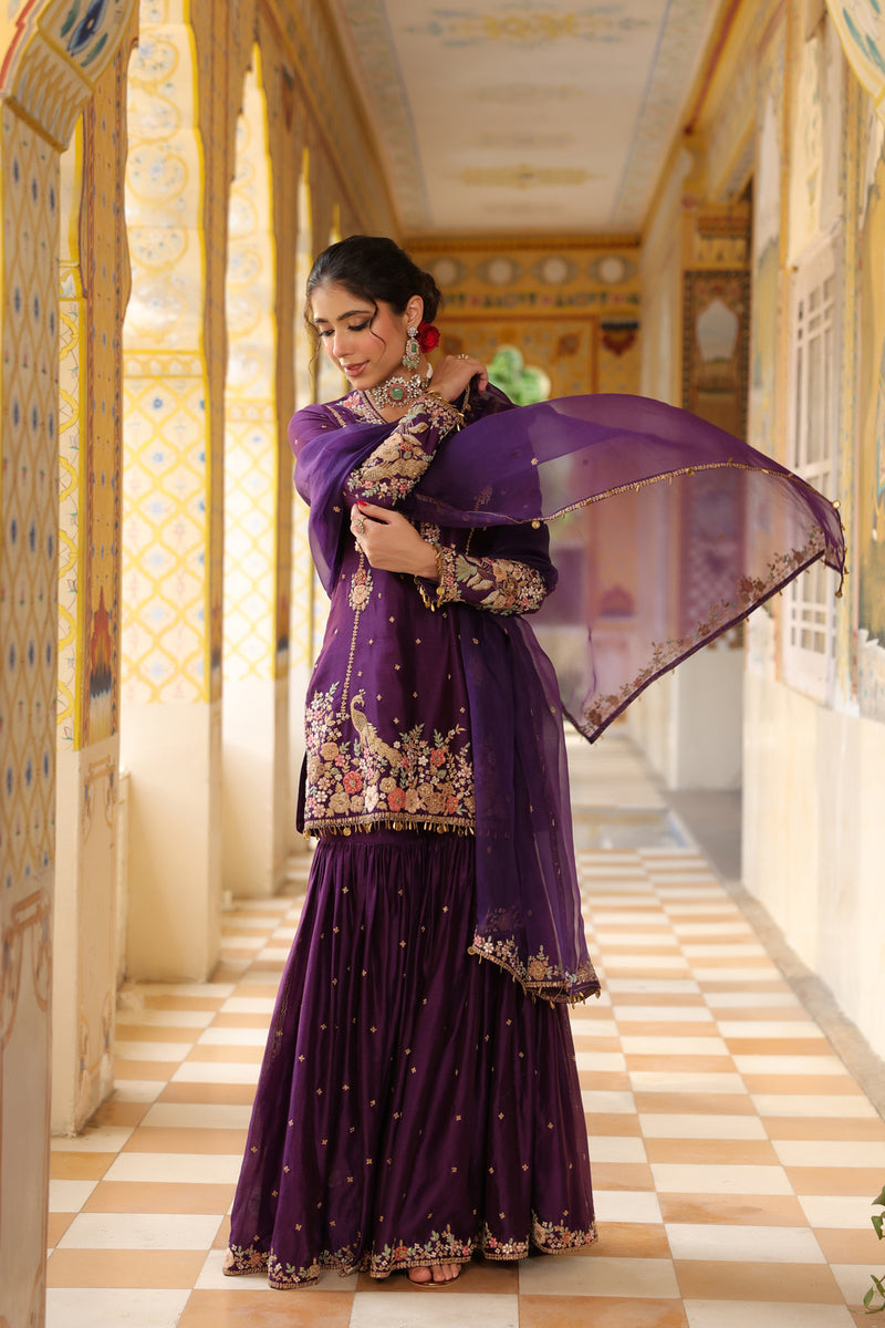 Ahista Purple Mayur Applique Heavy Sharara Set silk chanderi kurta/kurta set by Niti Bothra in purple for women Worldwide