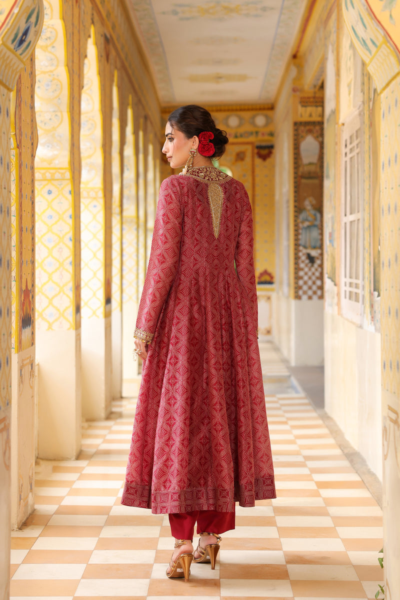 Ahista Maroon Printed Kalidar Set silk chanderi kurta/kurta set by Niti Bothra in maroon for women Worldwide
