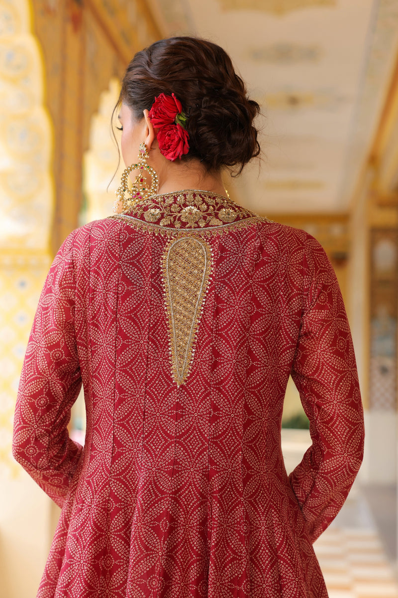 Ahista Maroon Printed Kalidar Set silk chanderi kurta/kurta set by Niti Bothra in maroon for women Worldwide