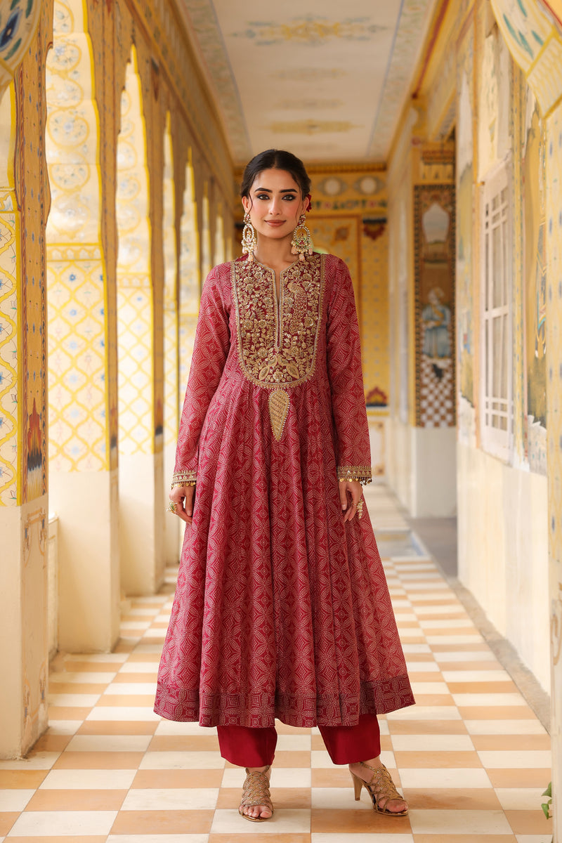 Ahista Maroon Printed Kalidar Set silk chanderi kurta/kurta set by Niti Bothra in maroon for women Worldwide