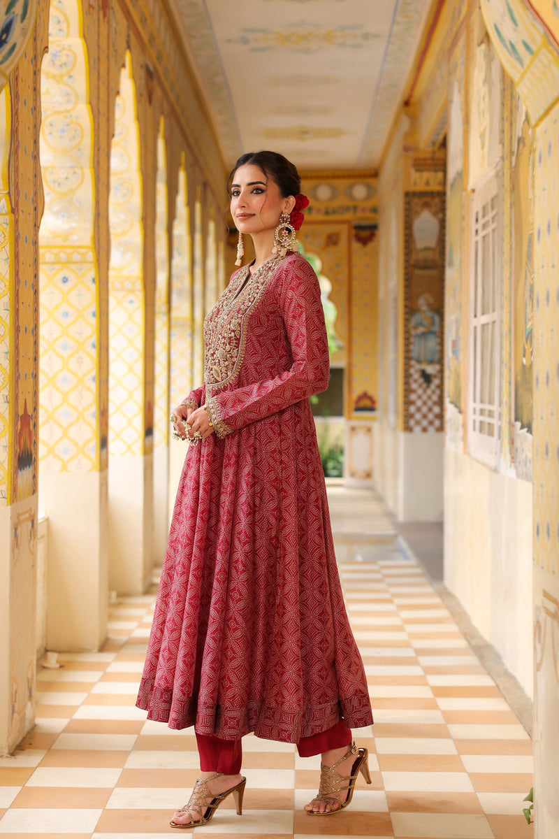 Ahista Maroon Printed Kalidar Set silk chanderi kurta/kurta set by Niti Bothra in maroon for women Worldwide