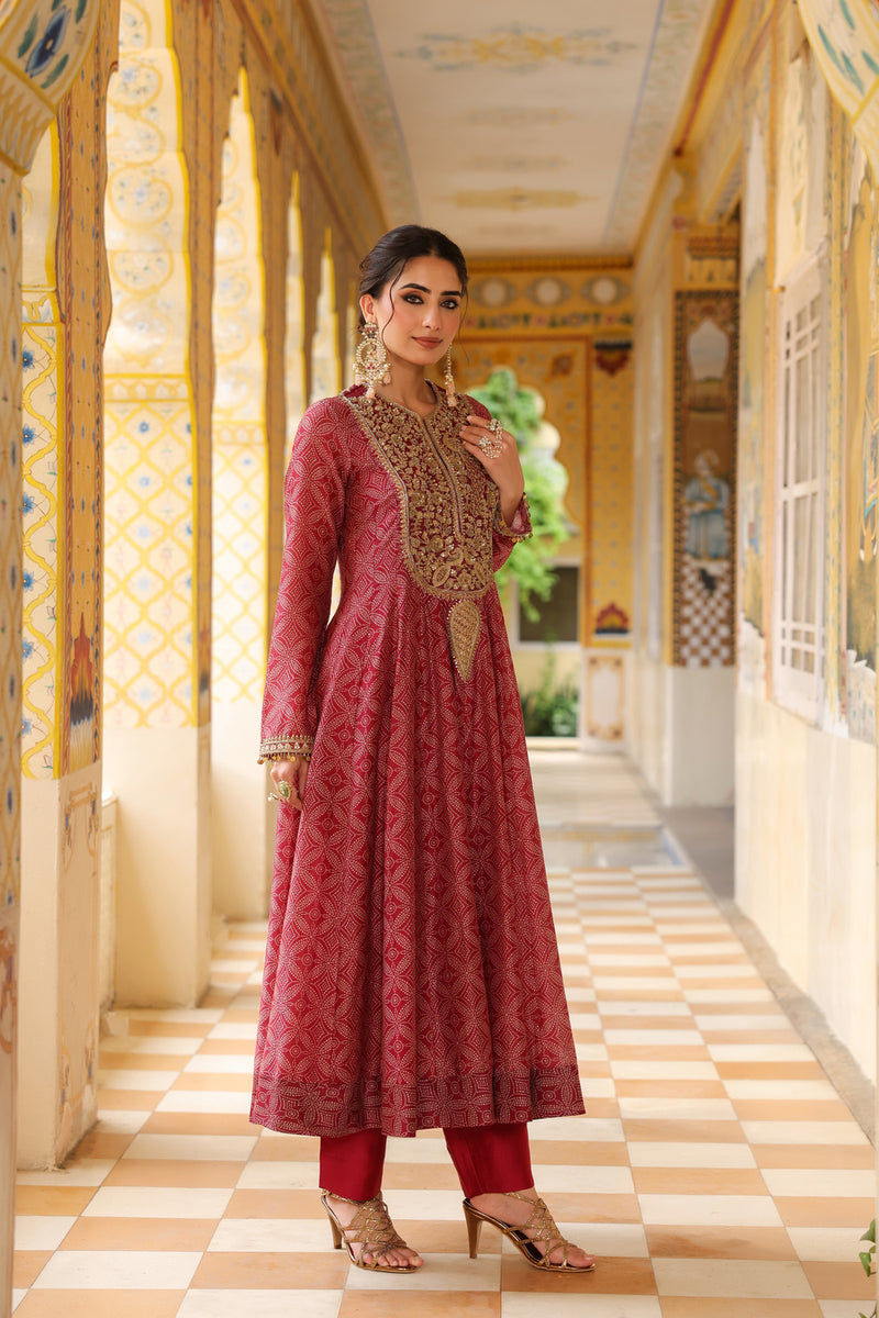 Ahista Maroon Printed Kalidar Set silk chanderi kurta/kurta set by Niti Bothra in maroon for women Worldwide