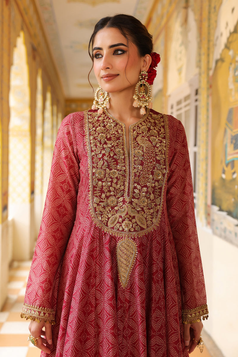 Ahista Maroon Printed Kalidar Set silk chanderi kurta/kurta set by Niti Bothra in maroon for women Worldwide