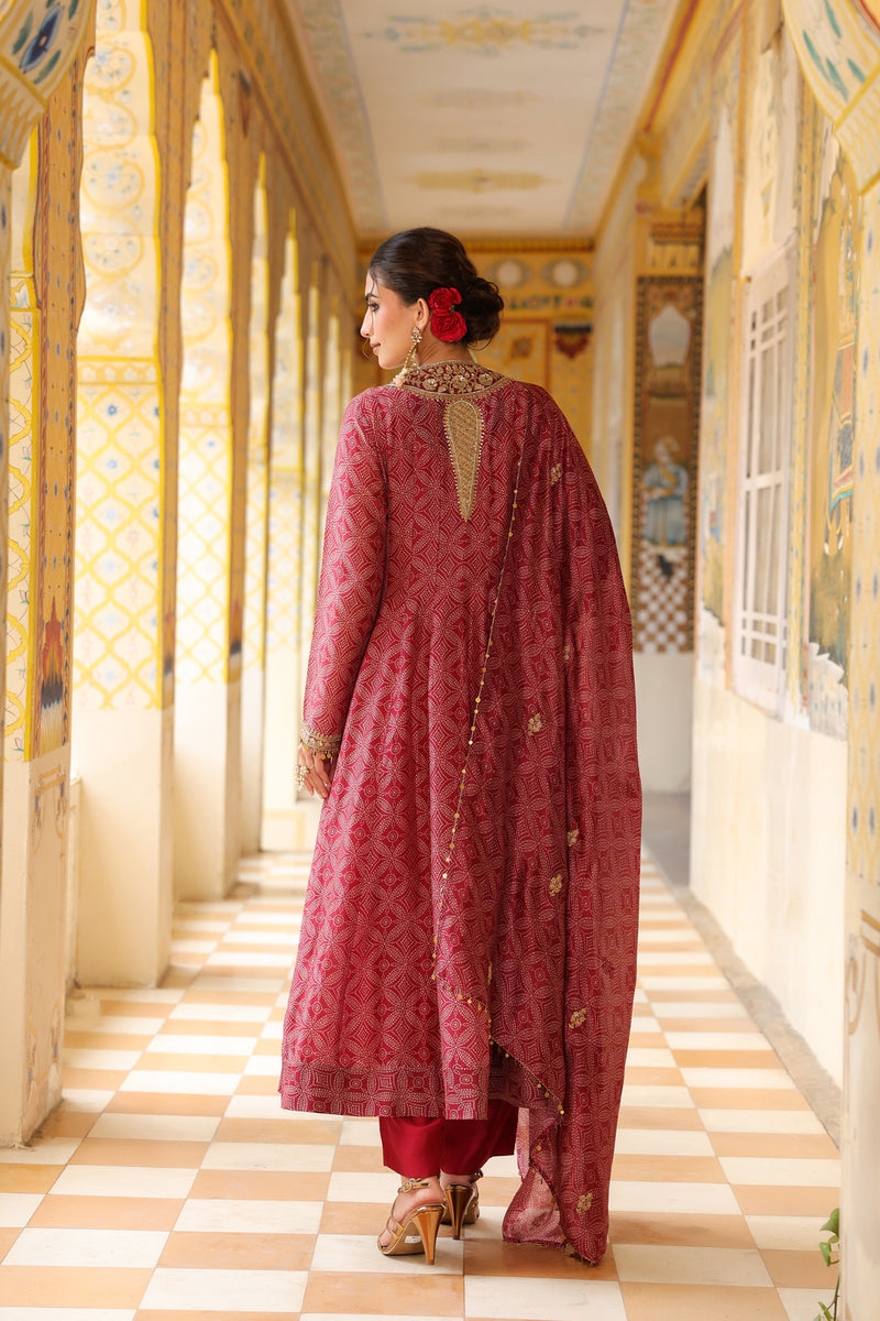 Ahista Maroon Printed Kalidar Set silk chanderi kurta/kurta set by Niti Bothra in maroon for women Worldwide
