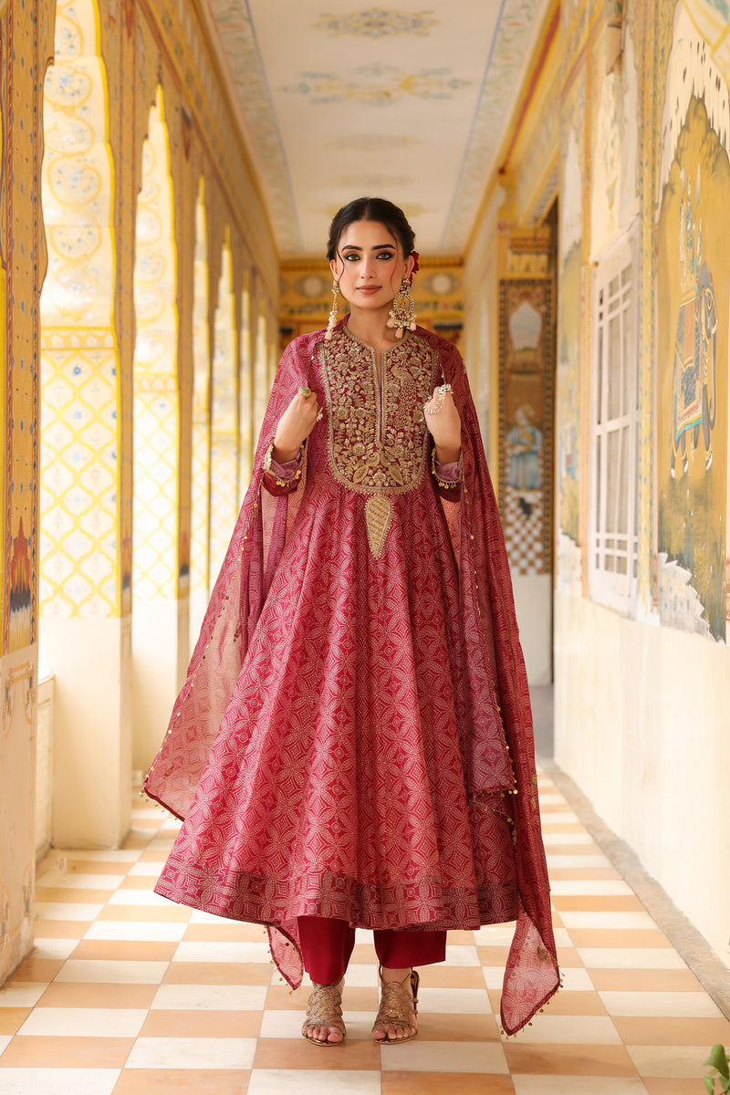 Ahista Maroon Printed Kalidar Set silk chanderi kurta/kurta set by Niti Bothra in maroon for women Worldwide