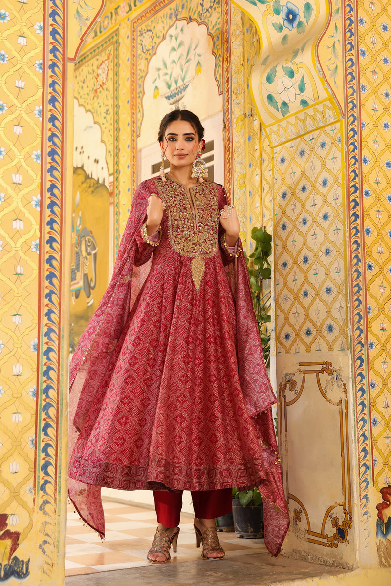 Ahista Maroon Printed Kalidar Set silk chanderi kurta/kurta set by Niti Bothra in maroon for women Worldwide