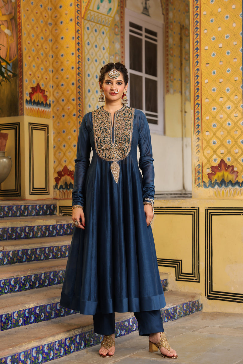 Ahista Blue Kalidaar Set silk chanderi kurta/kurta set by Niti Bothra in blue for women Worldwide