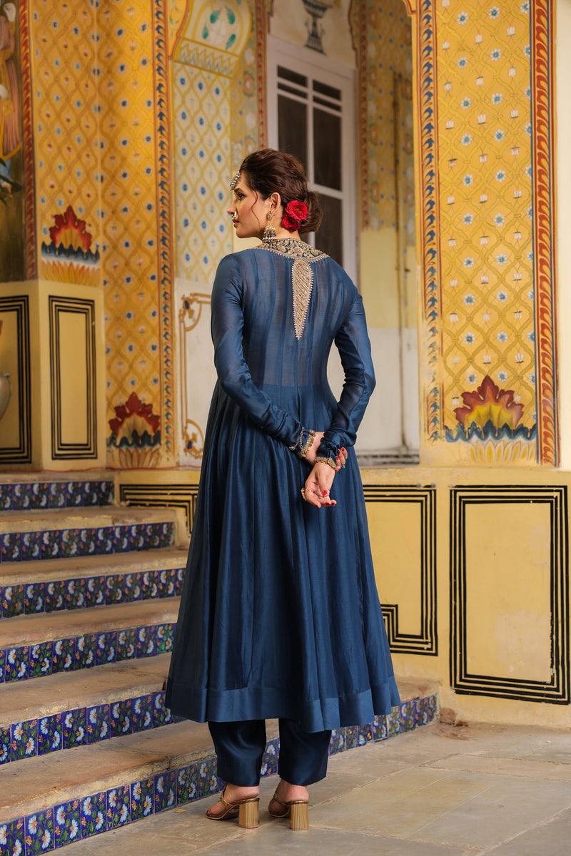 Ahista Blue Kalidaar Set silk chanderi kurta/kurta set by Niti Bothra in blue for women Worldwide
