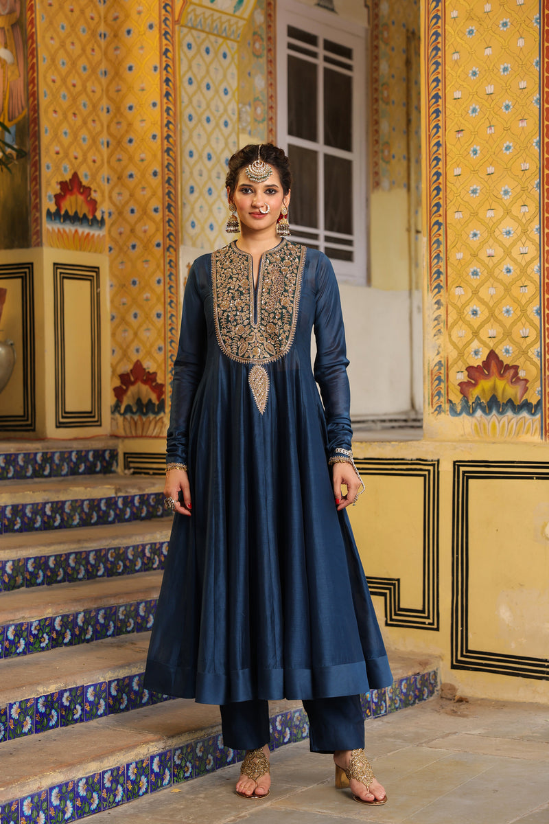 Ahista Blue Kalidaar Set silk chanderi kurta/kurta set by Niti Bothra in blue for women Worldwide